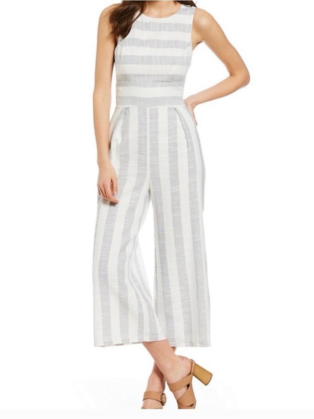 Sugarlips Sleeveless Striped Wide-Leg Jumpsuit in White & Gray